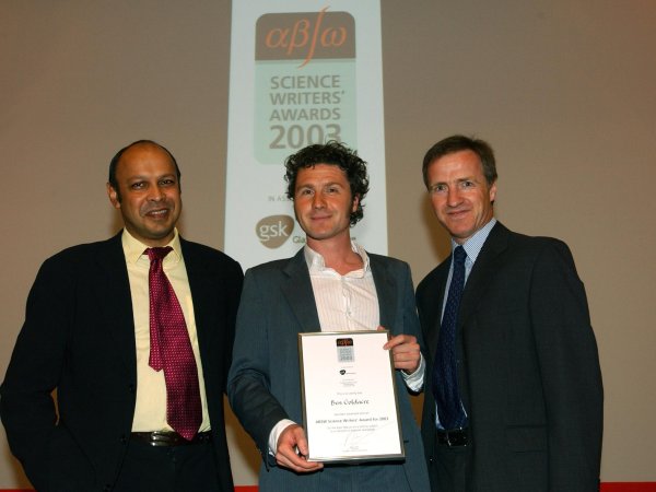 [Glaxo Man]  Ben Goldacre receiving award from Pallab Ghosh (BBC--Voice of Big Brother) & Dr Alastair Benbow, Glaxo SmithKline’s European medical director