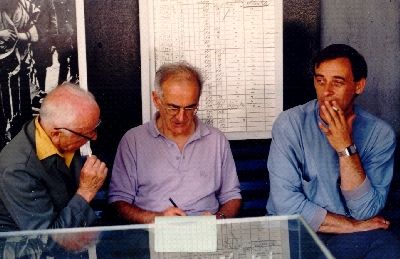 The guide Maria Pisarek, Tjudar Rudolph, and Dr. Robert Faurisson in Treblinka, June 1988.