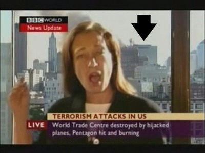 The BBC announces the collapse of WTC 7 as the facade stands behind correspondent Jane Standley. 