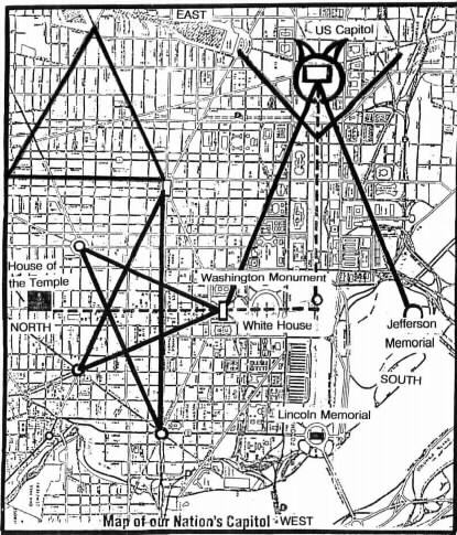  If you look over Washington D.C. the streets are laid out in a "Pentagram" with the White House at the base.